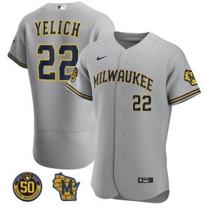 Nike Men's Christian Yelich Gray Milwaukee Brewers Road Authentic Player Logo Jersey - Gray